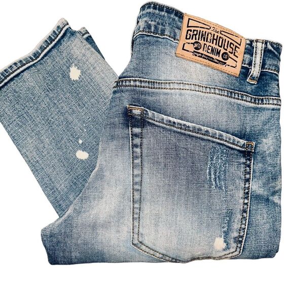 Men's Grindhouse Destroyed Bleach Denim Jeans Size 32 Lt‎ Wash Straight Stretch - Picture 1 of 9